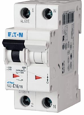 Eaton FAZ-C1/1N UL 1077 DIN Rail Supplementary Protectors - C curve (5–10X In current rating) — Designed for Resistive or Slightly Inductive Loads
