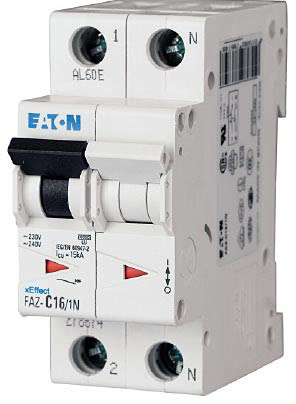Eaton FAZ-D15/1N UL 1077 DIN Rail Supplementary Protectors - B Curve (3–5X In Current Rating) — Designed for Resistive or Slightly Inductive Loads