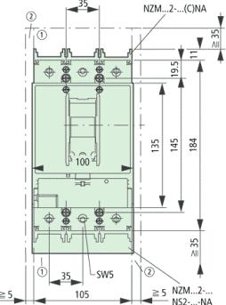 NZMB2-A160-BT-NA Circuit Breaker Dimensions