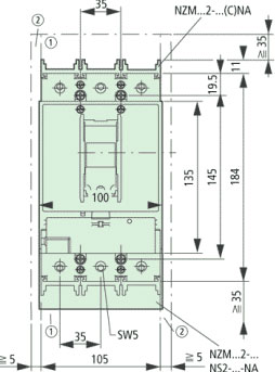 NZMB2-A200-BT-NA Circuit Breaker Dimensions